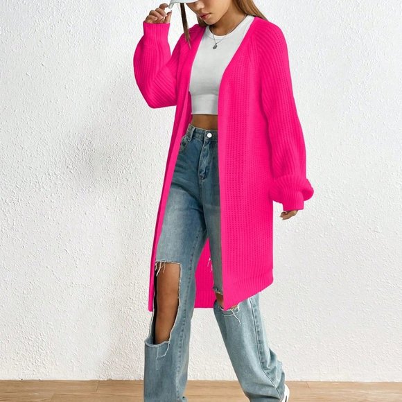 Pink Casual Womens Solid Raglan Sleeve Duster Cardigan - Picture 5 of 5